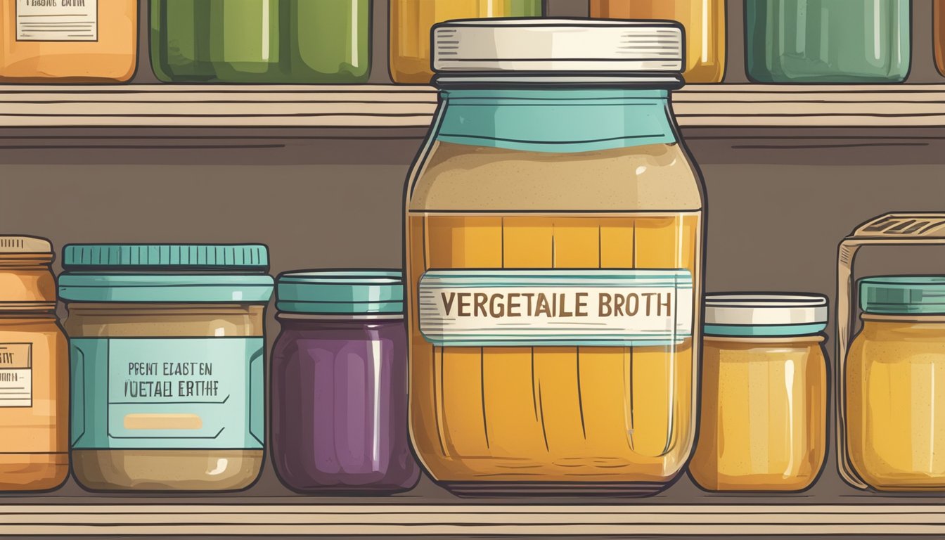 A pantry shelf with a sealed jar of expired vegetable broth next to a fresh jar, with a label indicating the expiration date