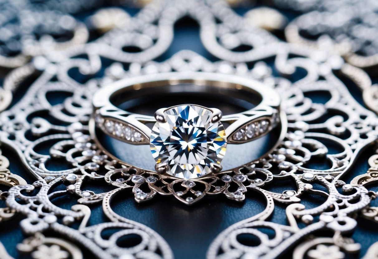 A sparkling diamond engagement ring surrounded by intricate metalwork and delicate filigree details