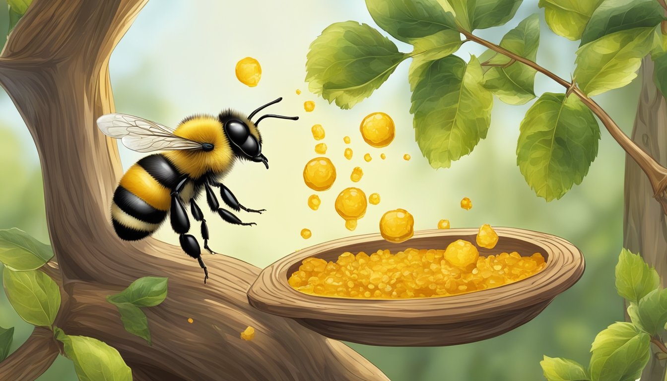 A bee collecting resin from a tree, then mixing it with its saliva to create propolis inside a beehive