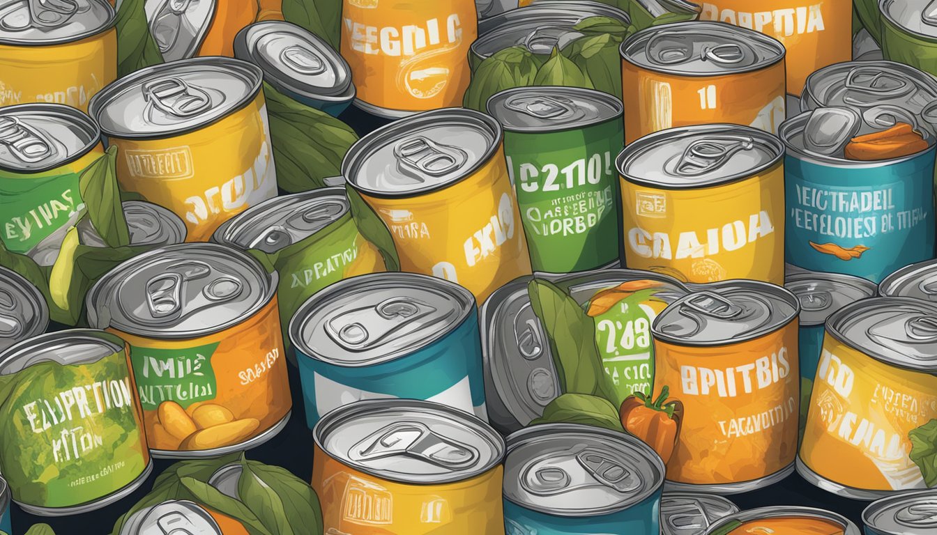 A pile of expired vegetable broth cans with visible expiration dates, surrounded by wilted vegetables and a caution sign