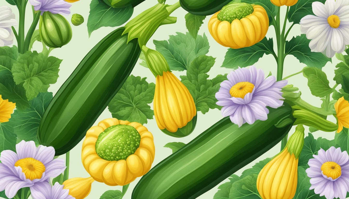 A zucchini plant with both ripe and unripe vegetables, surrounded by healthy green leaves and blooming flowers