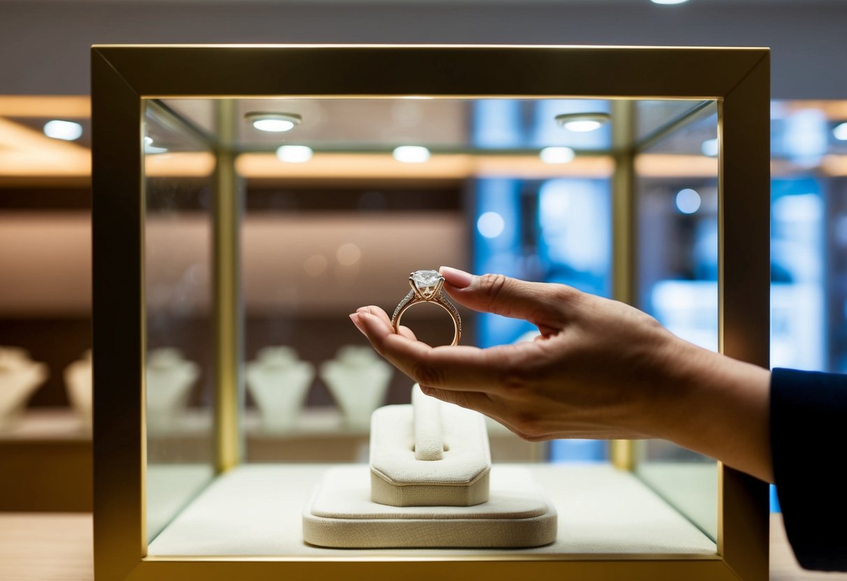 A hand reaches for a diamond ring in a jewelry store display case