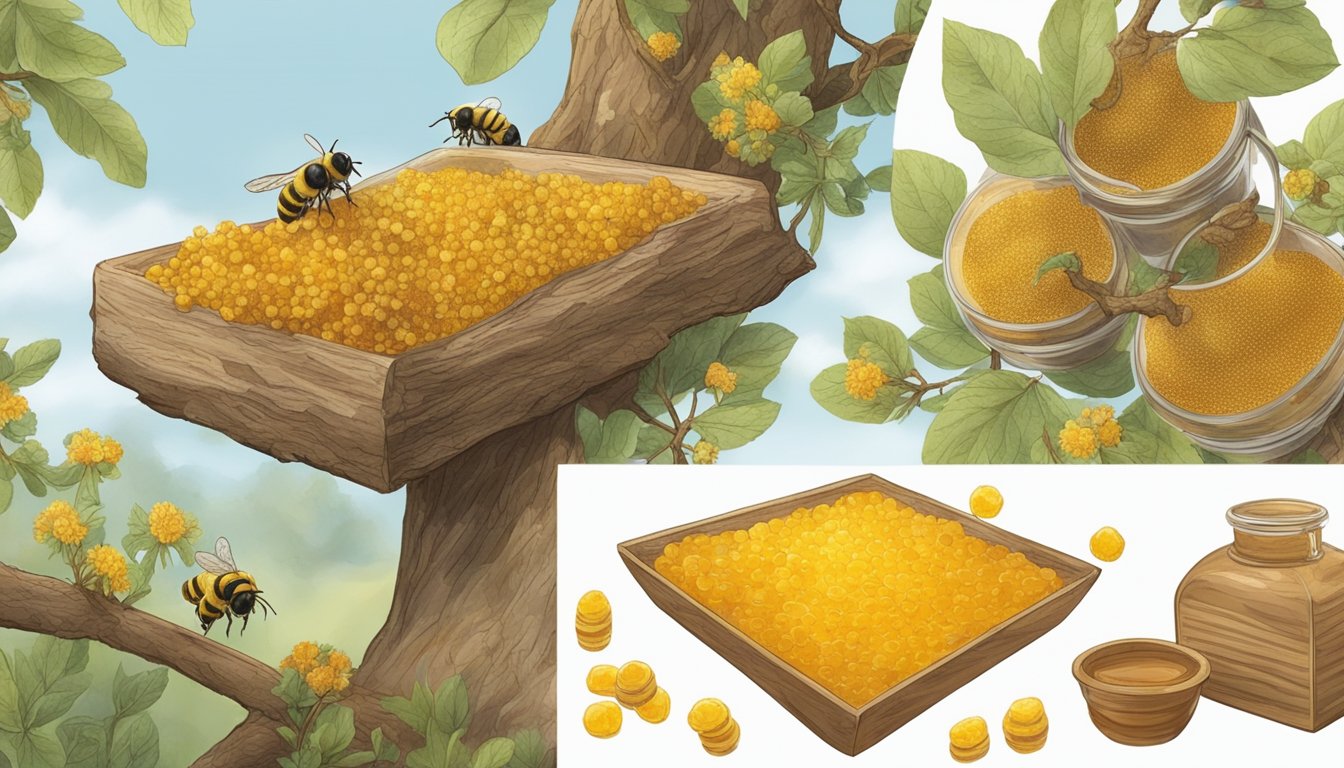 A bee collecting propolis from a tree, with a close-up of the resin being gathered