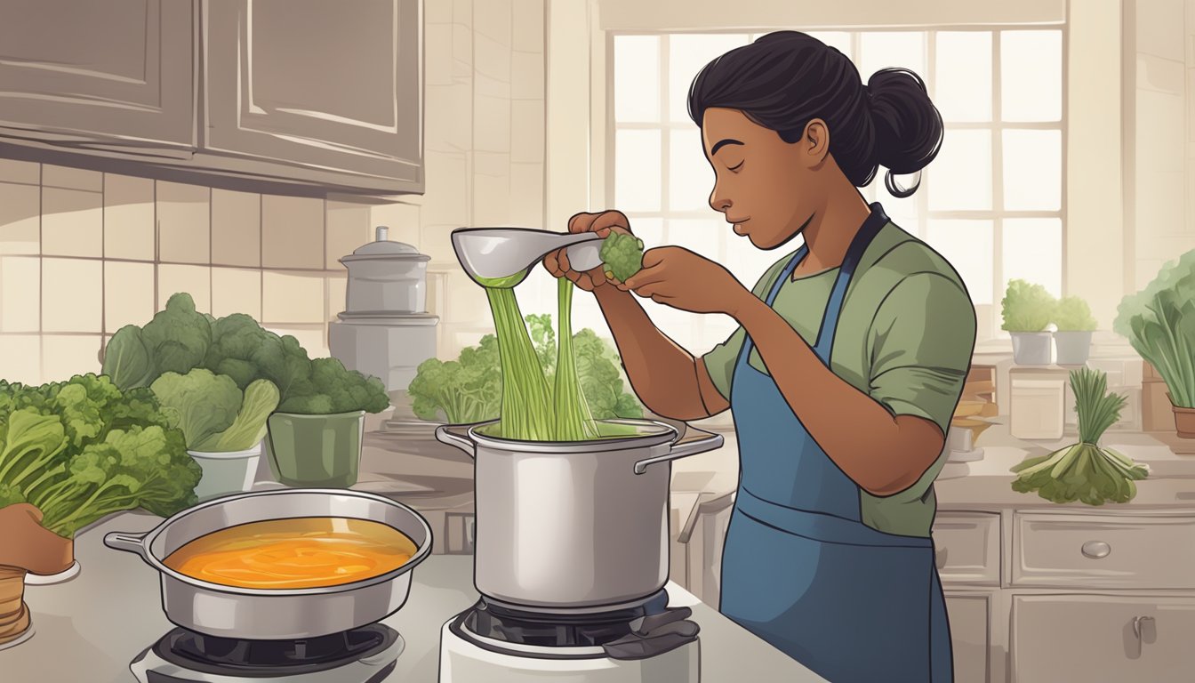 A person pouring expired vegetable broth into a pot, with a hesitant expression on their face