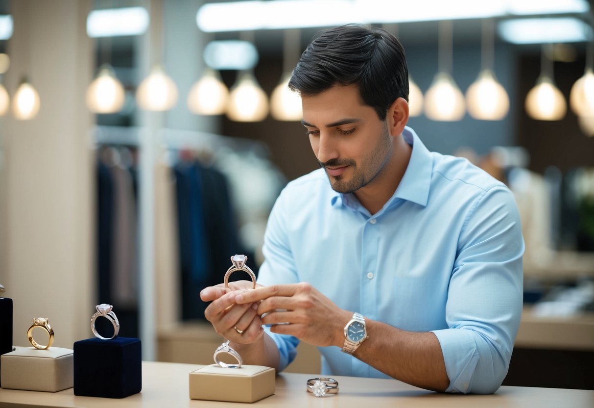 A man carefully selects and purchases an engagement ring for himself, examining the various styles and designs available