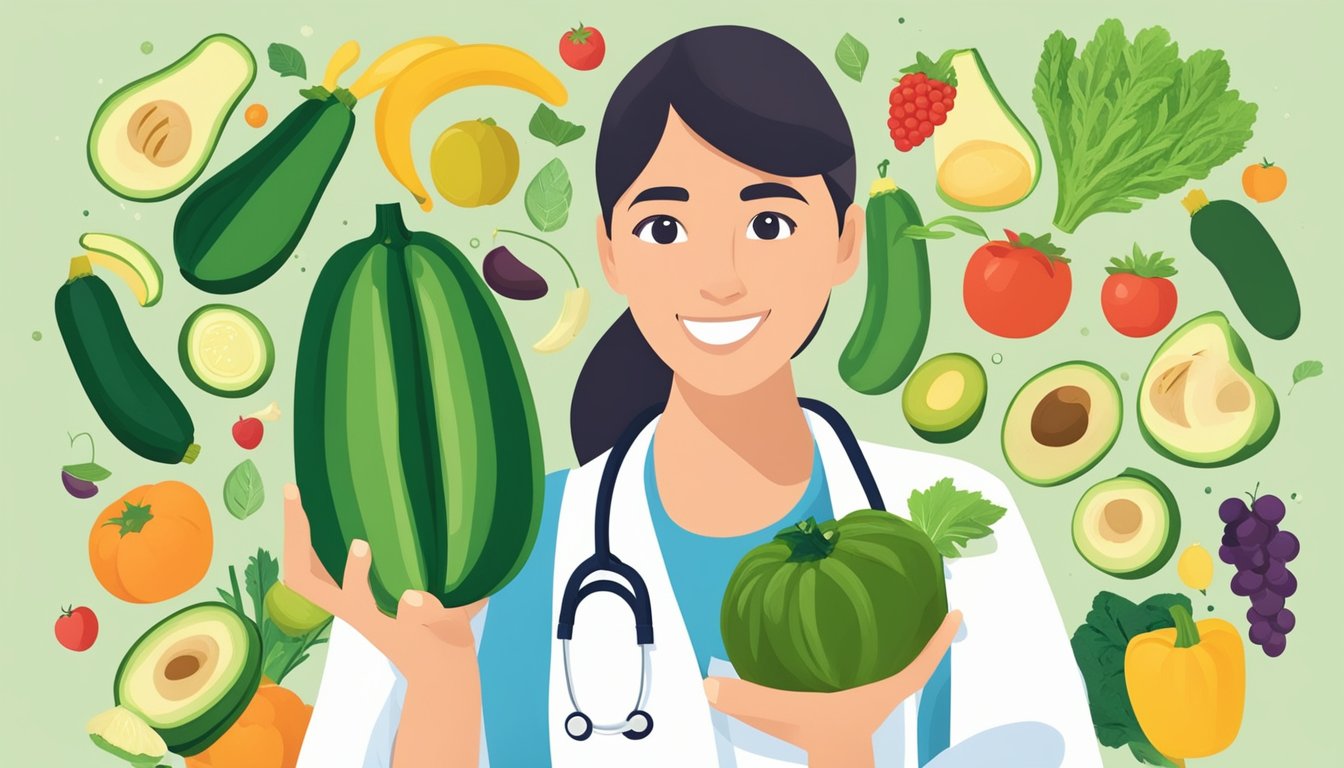 A person holding a raw zucchini, with a question mark above their head, surrounded by images of healthy foods and a doctor