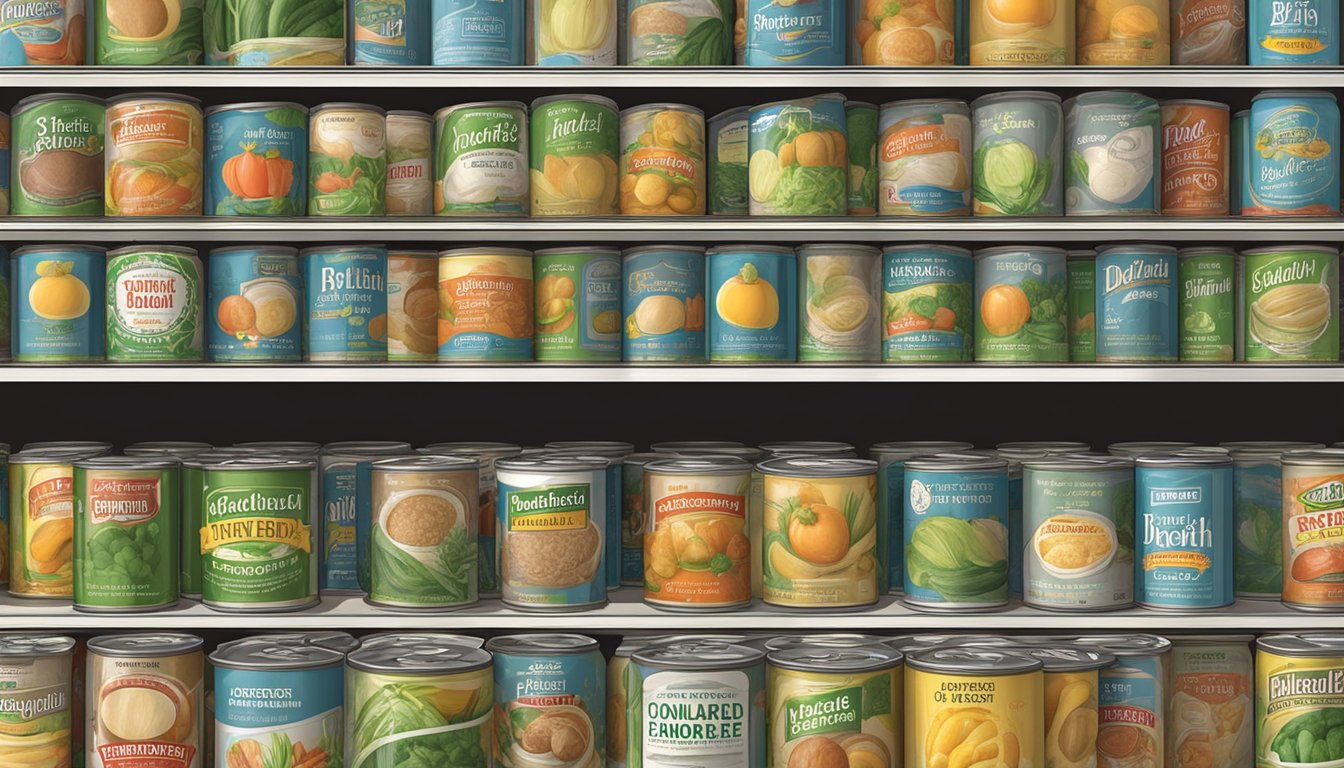 A can of expired vegetable broth with a bulging, dented, and discolored label, surrounded by other unopened, undamaged cans on a pantry shelf