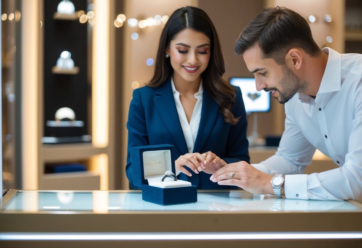 A jewelry store display with an open ring box and a salesperson assisting a customer in choosing a ring