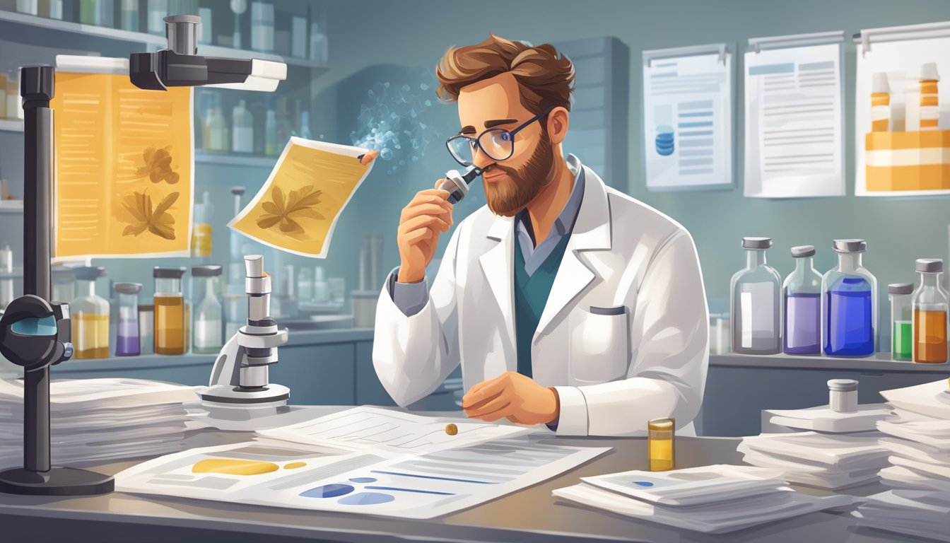 A scientist in a lab coat examines a vial of propolis under a microscope, surrounded by research papers and clinical study reports