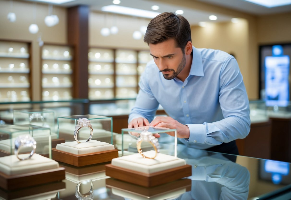 A man stands in a jewelry store, carefully examining a display of sparkling engagement rings, his brow furrowed in concentration