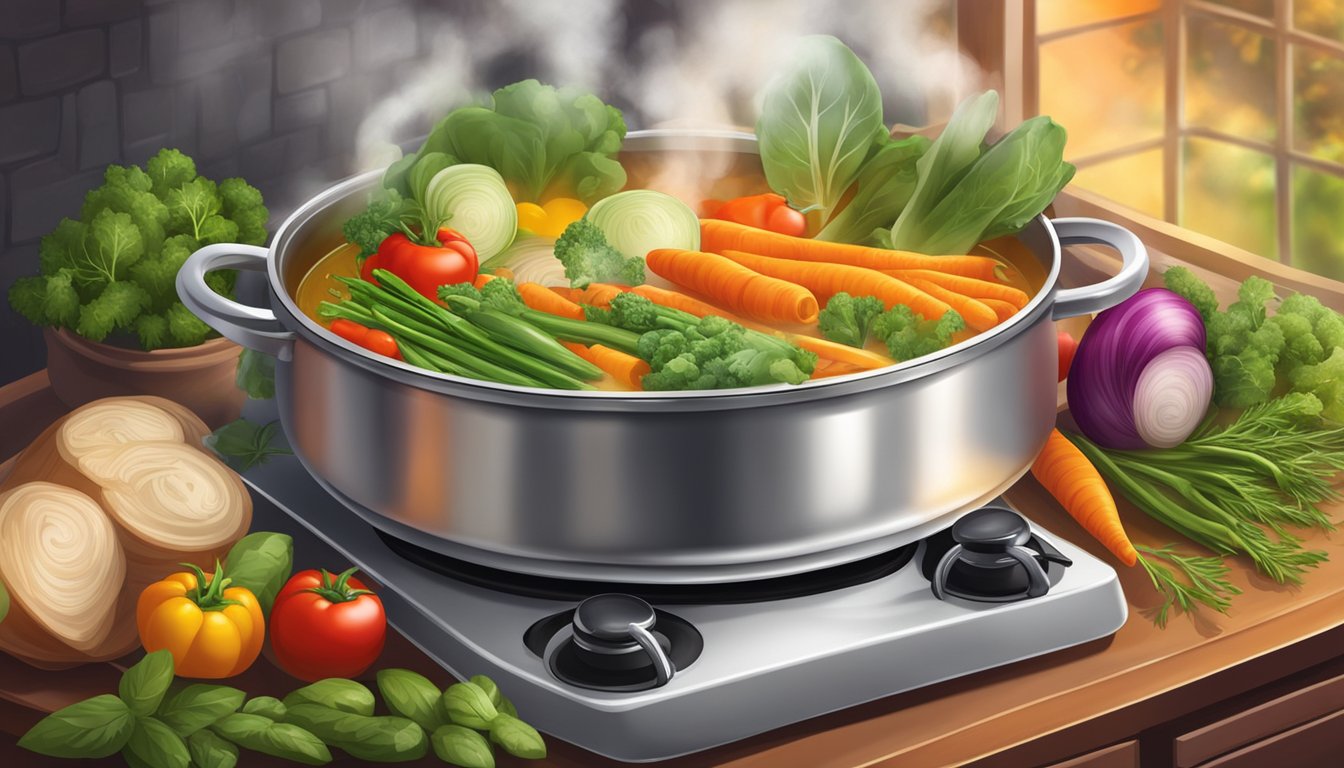 A pot of vegetable broth simmers on the stove, surrounded by fresh, colorful vegetables and herbs. The steam rises from the pot, creating a warm and inviting atmosphere