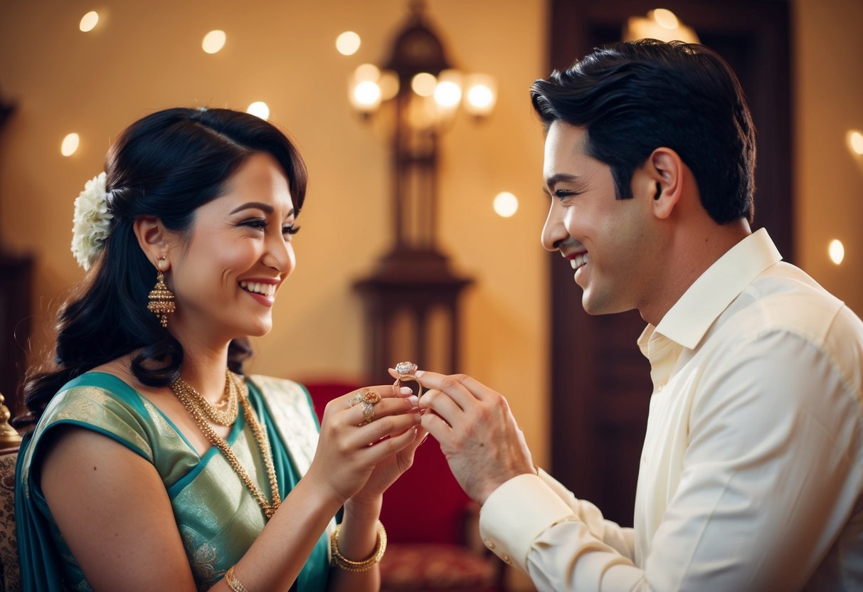 A woman presents a ring to a man, both smiling. The setting is warm and inviting, with subtle cultural symbols present