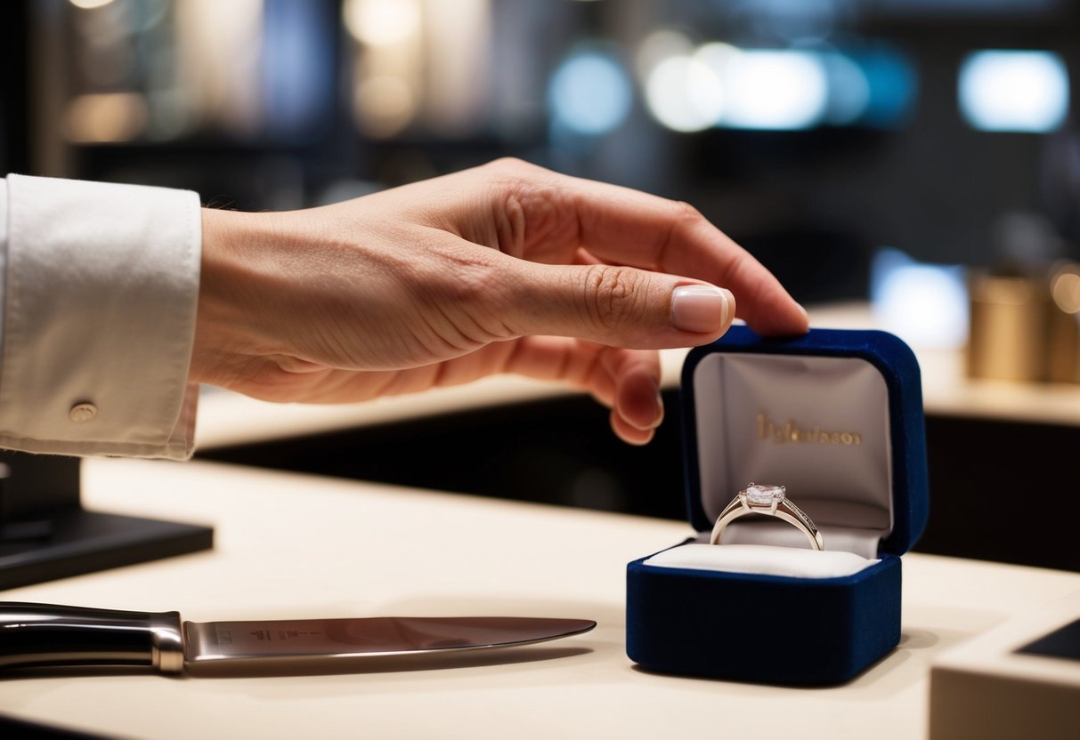 A hand reaches for a silver band in a velvet box on a jeweler's counter