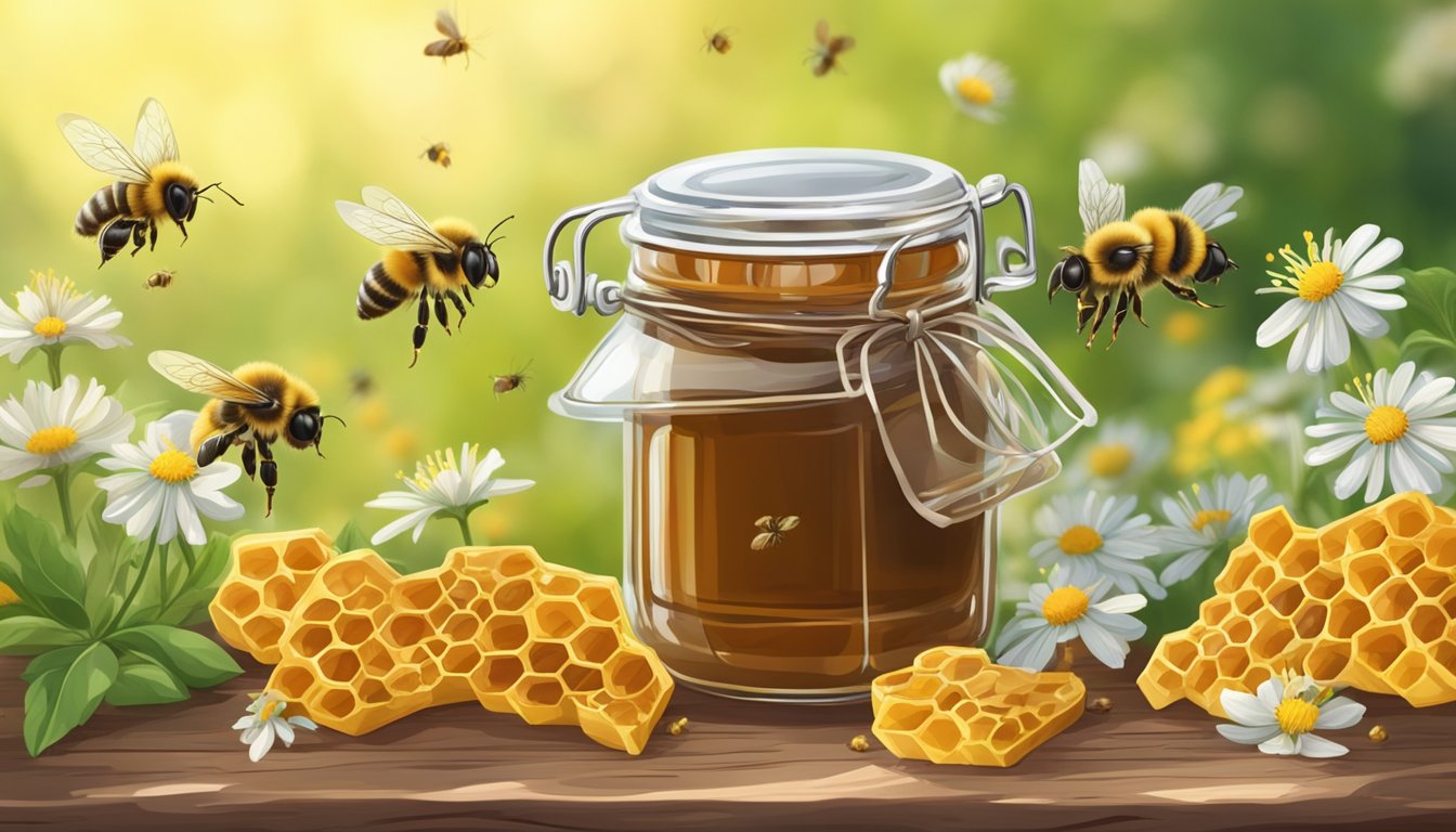 A jar of propolis sits on a wooden table, surrounded by fresh honeycomb and wildflowers. Bees buzz around, adding to the natural and wholesome atmosphere