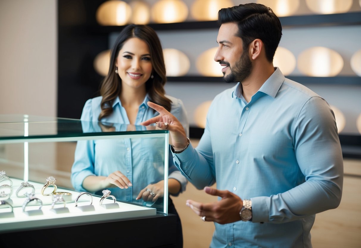 A man and woman stand in front of a display case filled with various engagement rings. The woman gestures towards a ring while the man looks on, considering his options
