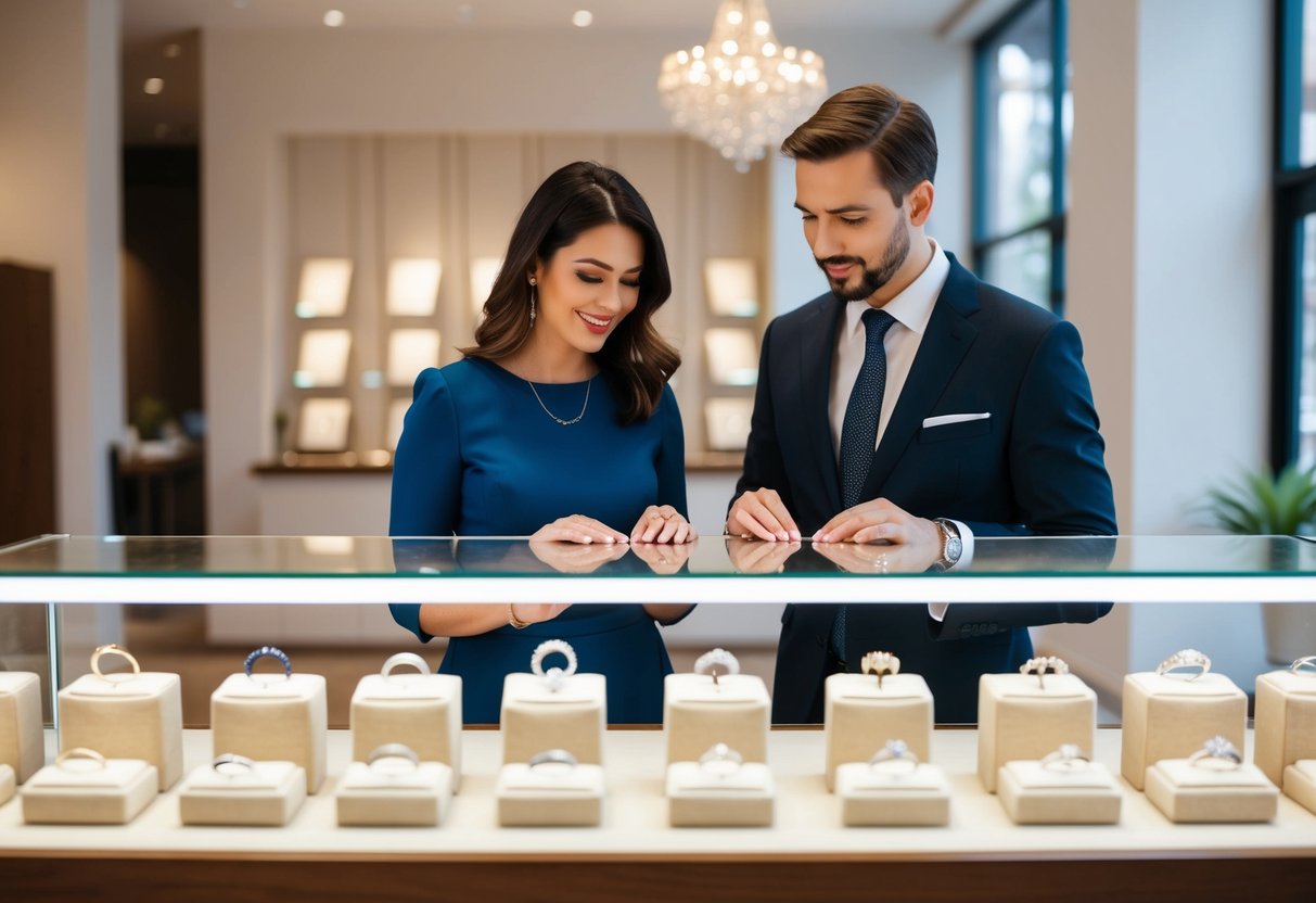 A woman and a man stand in front of a jewelry display, examining wedding rings of various styles and prices