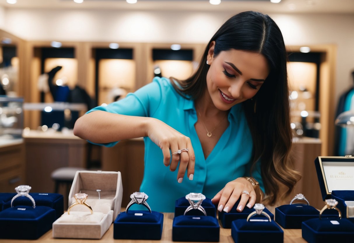 A woman is browsing different engagement rings at a jewelry store, carefully examining the various styles and designs available