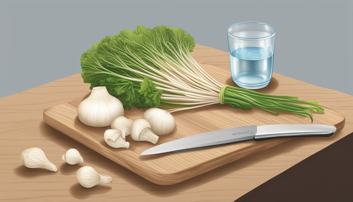 Enoki mushrooms arranged on a clean cutting board, with a knife and a small bowl of water nearby