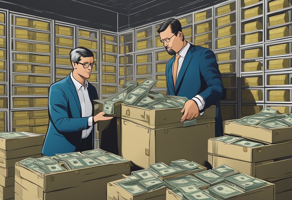 A person opening a large vault filled with stacks of money, while a government official looks on approvingly