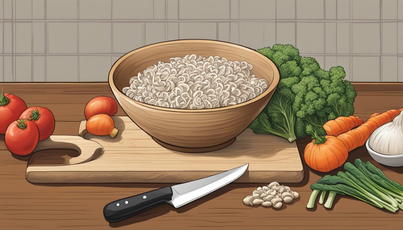 A bowl of enoki mushrooms sits on a cutting board, surrounded by fresh vegetables. A chef's knife is poised to slice through the delicate mushrooms