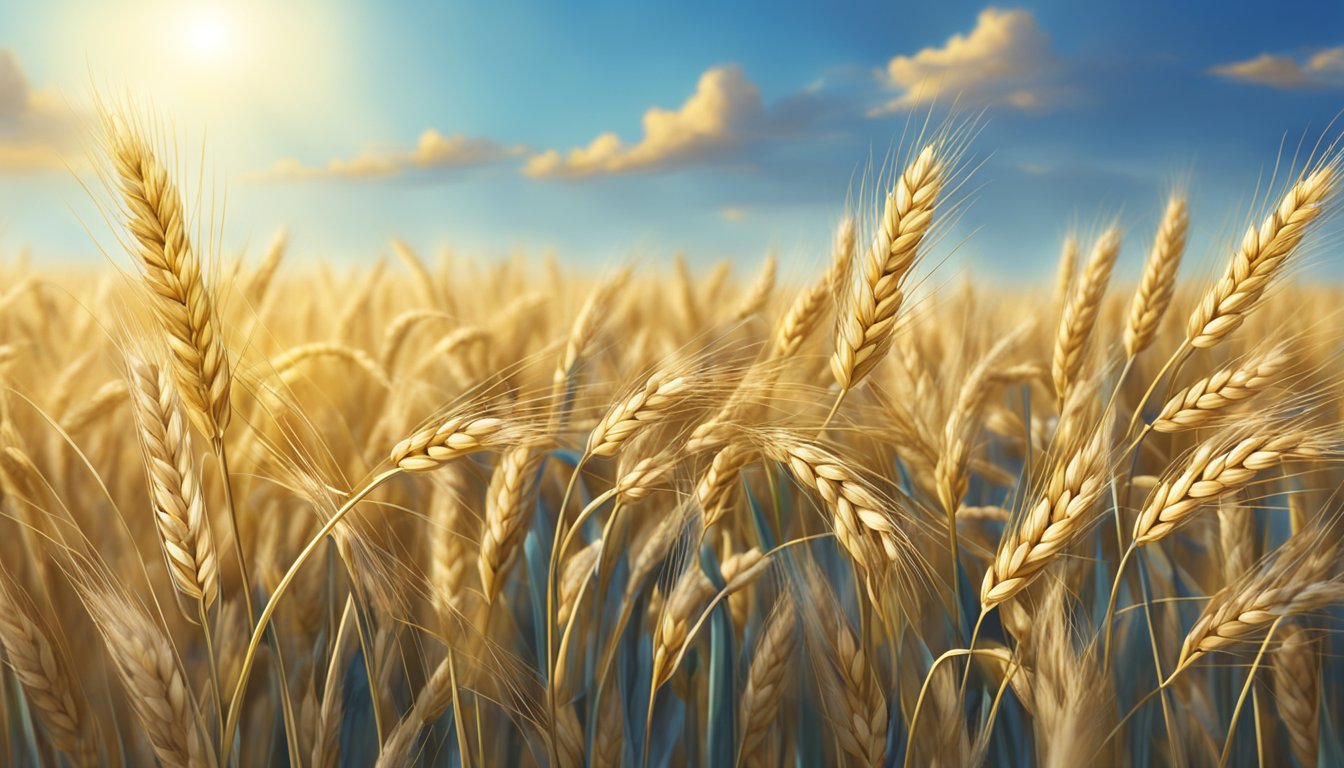 A field of emmer wheat growing under a clear blue sky, with gentle sunlight illuminating the golden grains