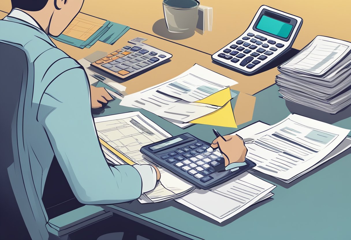 A person sitting at a desk, filling out paperwork with a calculator and financial documents spread out in front of them. A government logo is visible on the documents