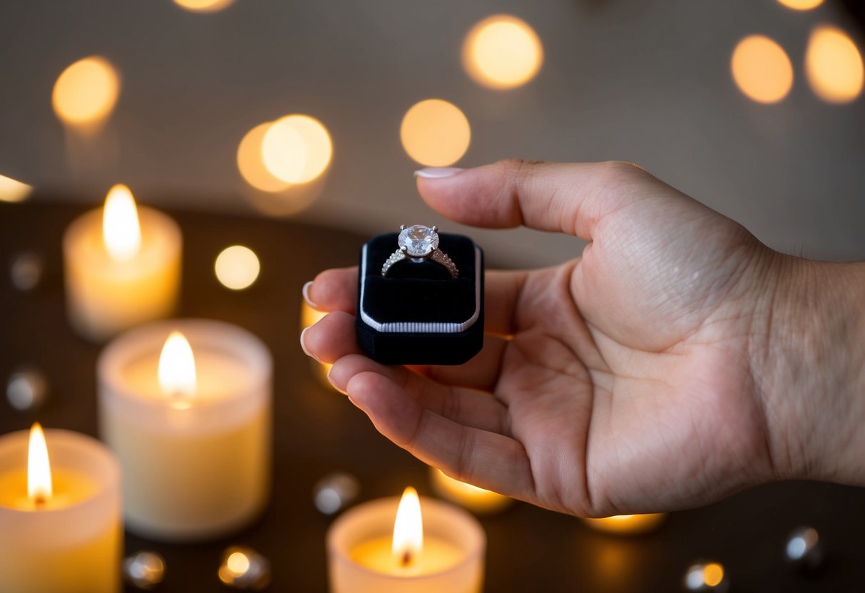 A hand holding a diamond ring box, surrounded by soft candlelight