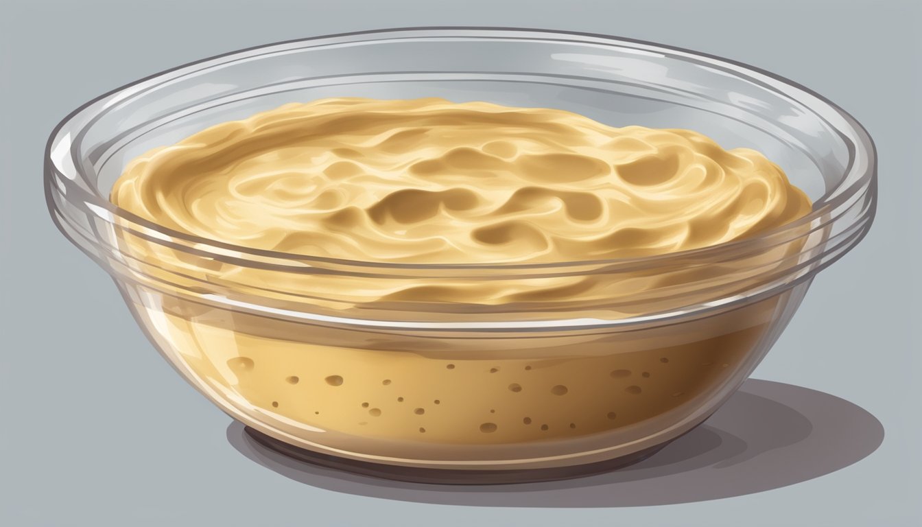 A bowl of expired instant pudding with a foul smell, mold growth, and discolored appearance