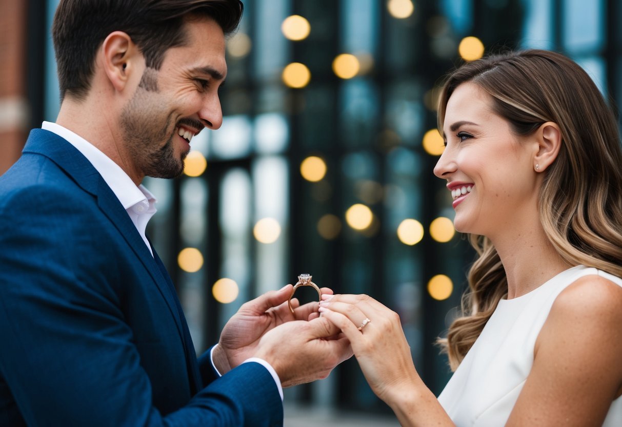 A man presenting a ring to a woman, both smiling