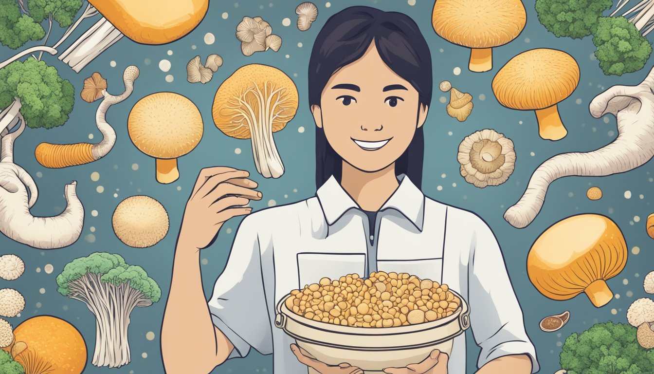 A person holding a pack of enoki mushrooms, with a question mark above their head, surrounded by images of food safety symbols and potential health risks