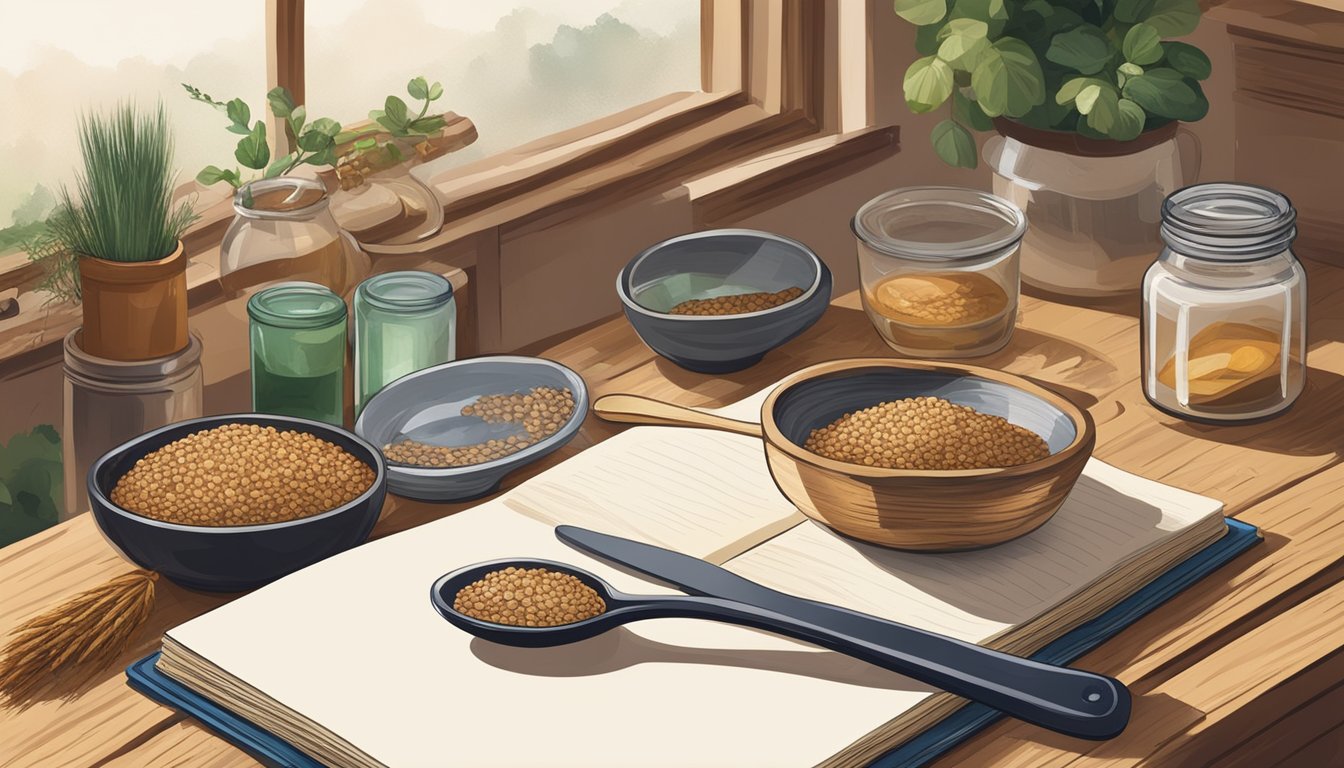 A rustic kitchen table with a bowl of emmer grains, a wooden spoon, and a cookbook open to a page about the culinary profile of emmer