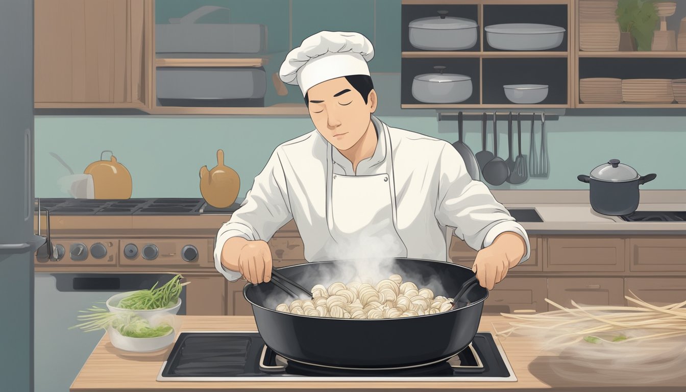 A person cooking enoki mushrooms in a pan, with steam rising and a concerned look on their face