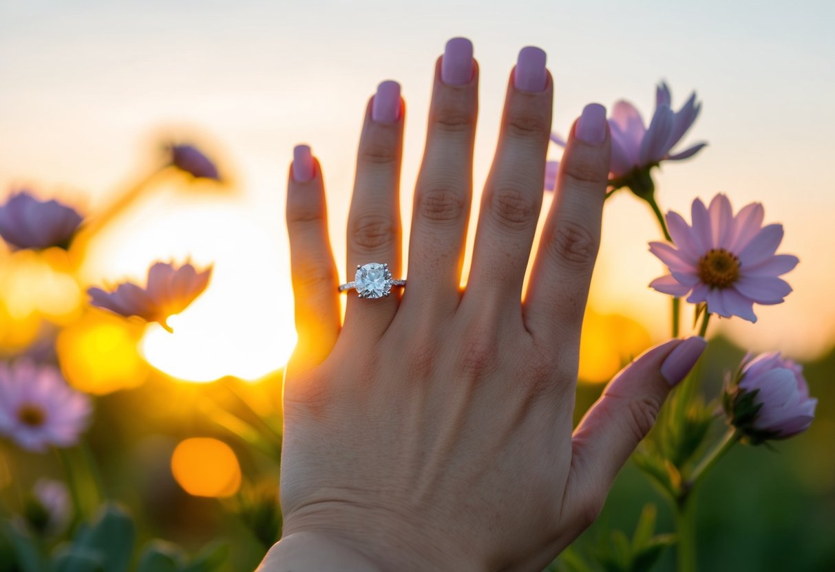 A hand holding a diamond ring, surrounded by blooming flowers and a glowing sunset in the background