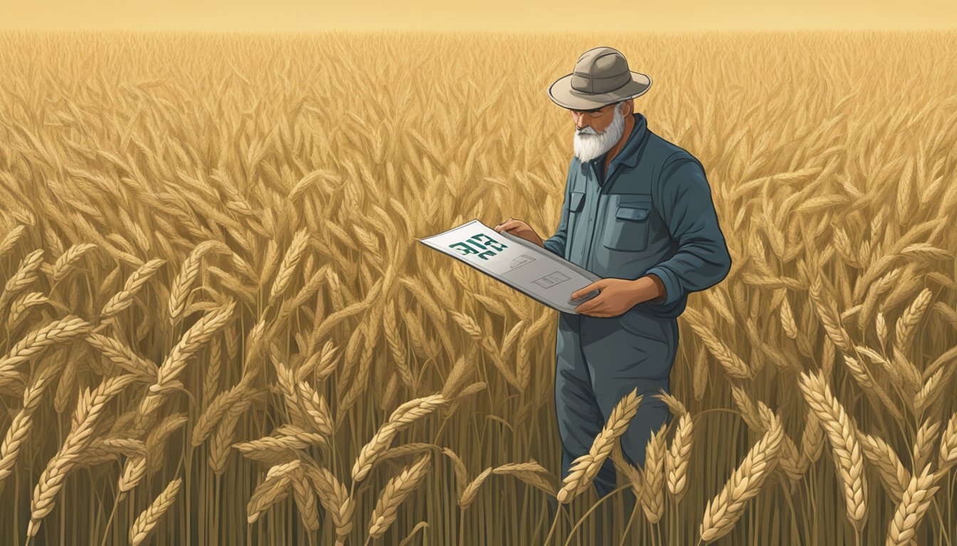 A farmer inspecting a field of emmer wheat, with a sign indicating it is safe for consumption