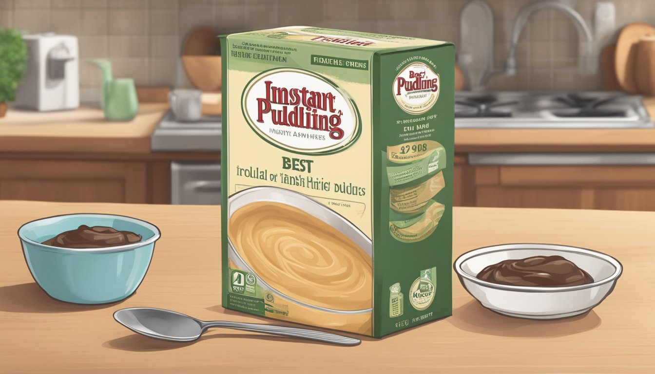 A box of expired instant pudding sits on a kitchen counter, next to a bowl and a whisk. The packaging is faded and wrinkled, with a "best by" date long past