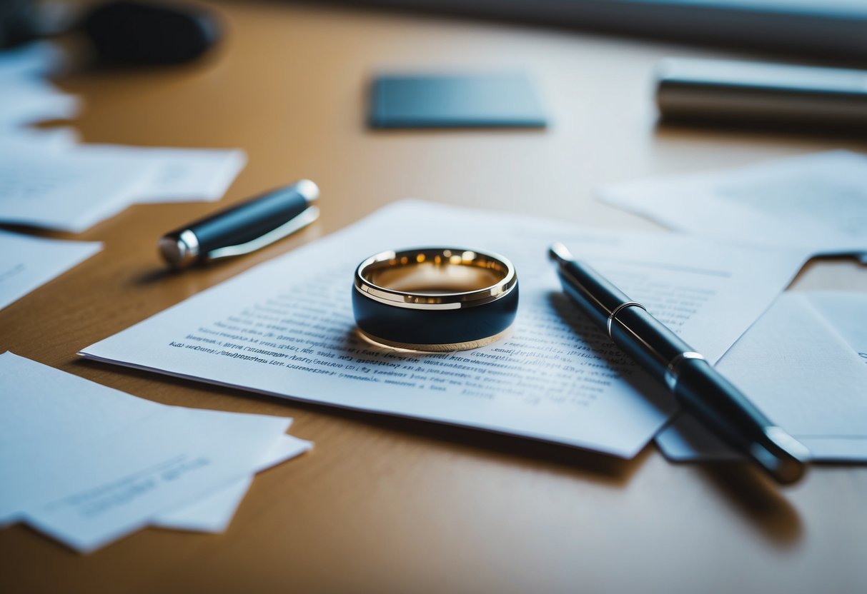 A ring lying on a table, surrounded by scattered papers and a pen