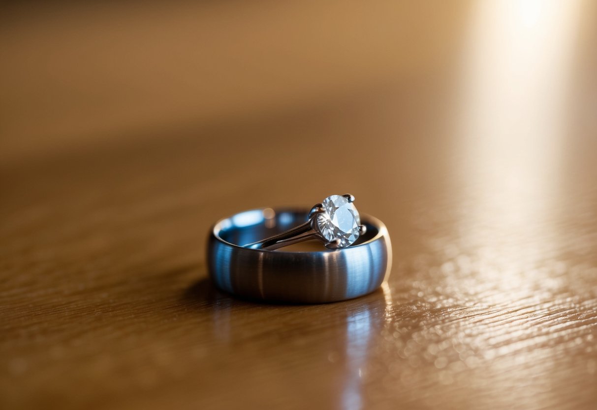 A lone engagement ring sits on a polished wooden surface, bathed in soft, warm light, casting a faint shadow