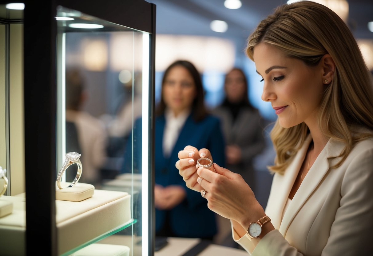 A woman carefully selects a wedding ring from a display case, examining it closely before making her purchase