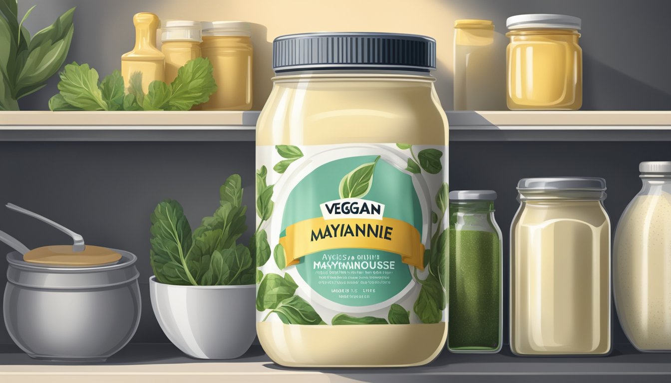 A jar of vegan mayonnaise sits on a shelf in a cool, dark pantry, away from direct sunlight and heat sources