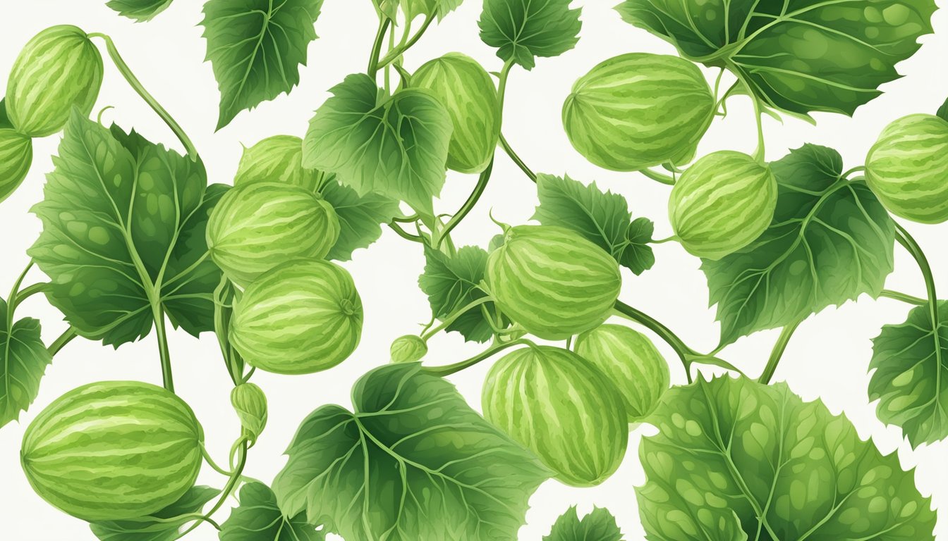 A vine with unripe cucumbers growing, surrounded by green leaves and tendrils