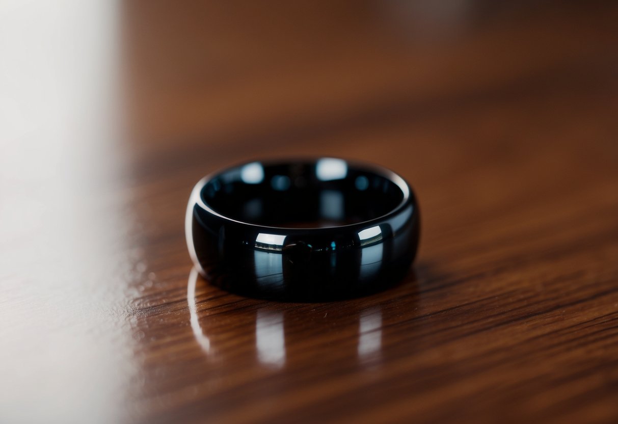 A sleek black wedding ring sits on a polished wooden surface, catching the light and reflecting a modern, minimalist aesthetic