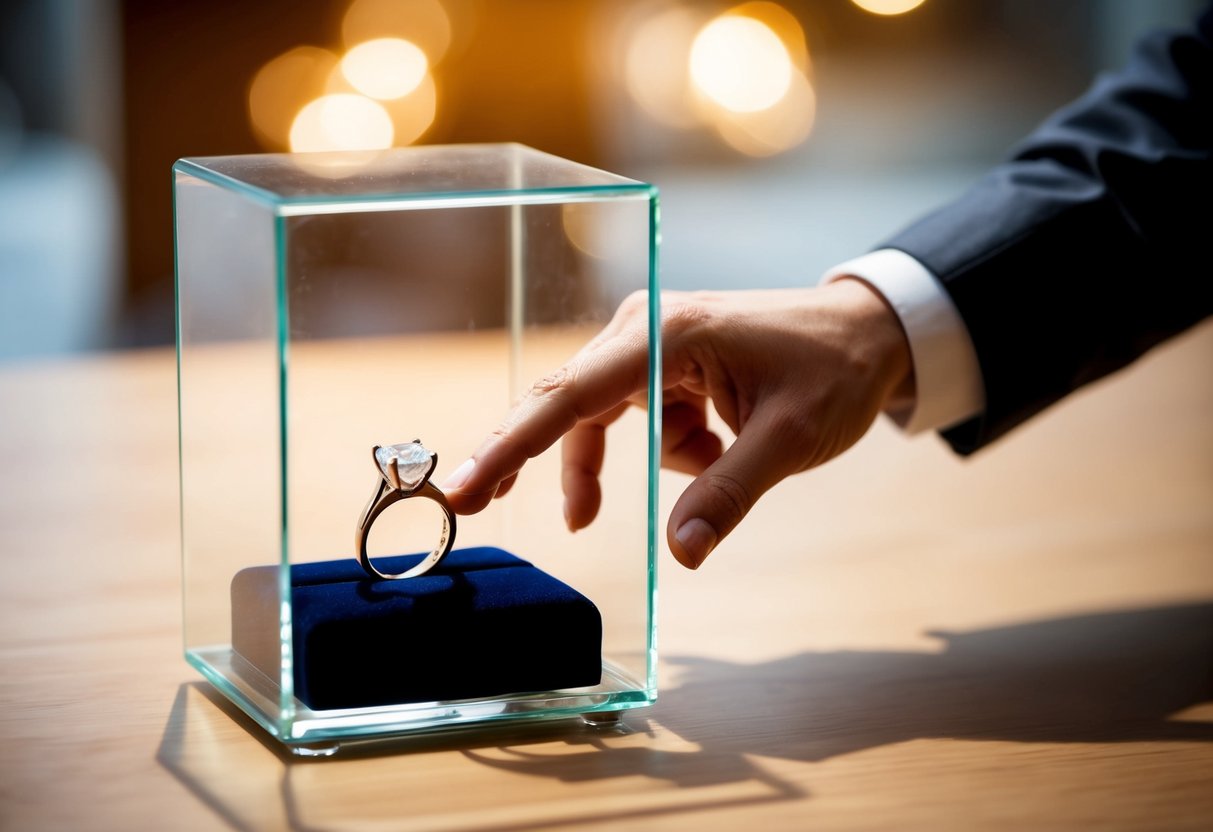 A hand reaching for a wedding ring displayed in a glass case