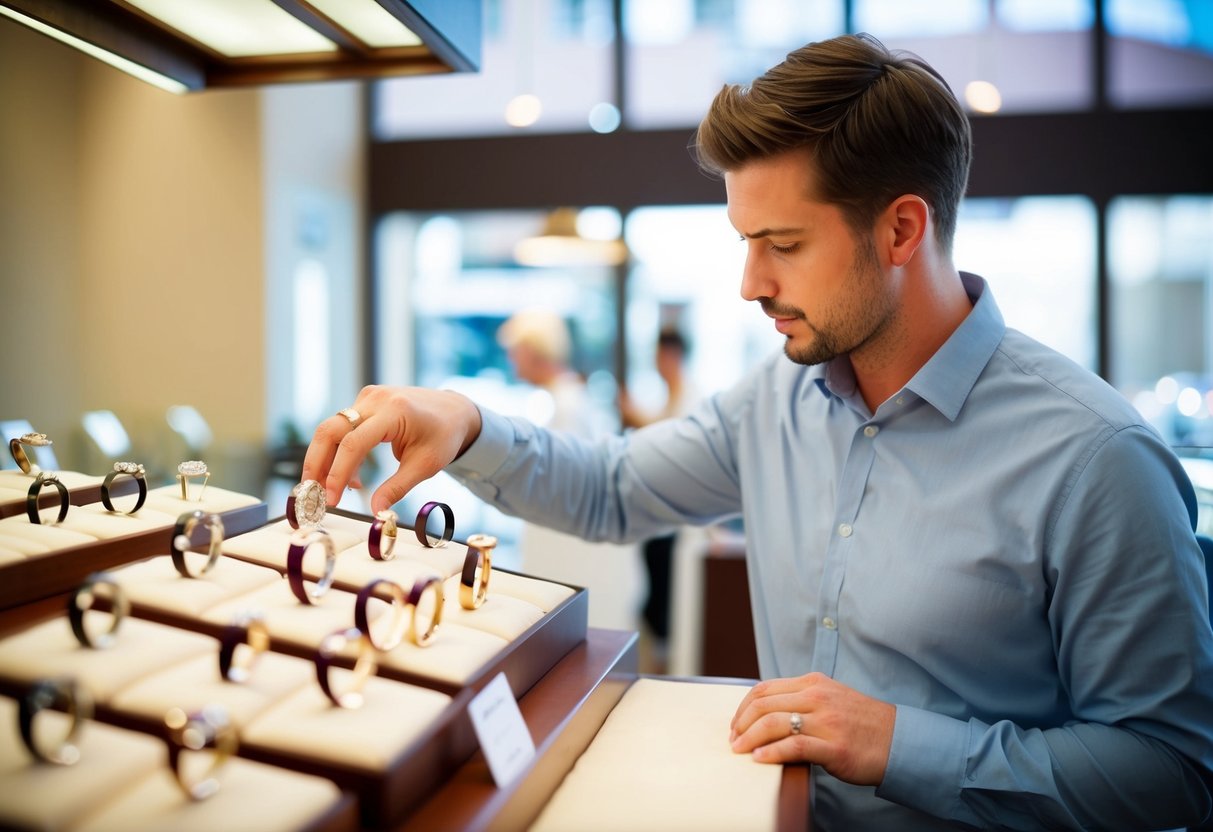 A man browsing through a display of wedding rings at a jewelry store