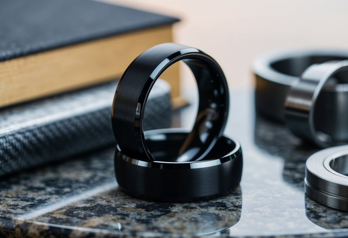 A sleek black tungsten wedding ring sits on a granite countertop, surrounded by other durable materials like carbon fiber and titanium