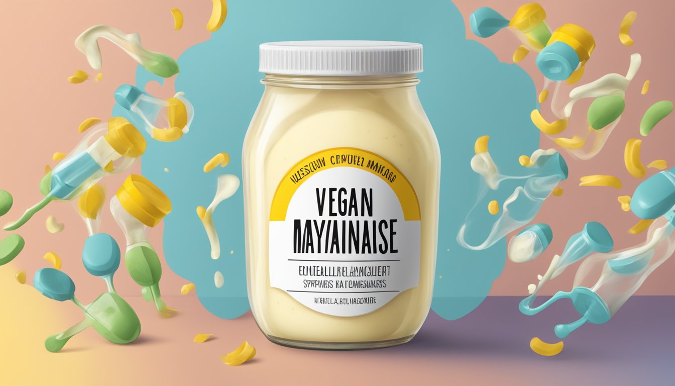 A jar of expired vegan mayonnaise with a visible expiration date on the label, surrounded by question marks and a caution sign