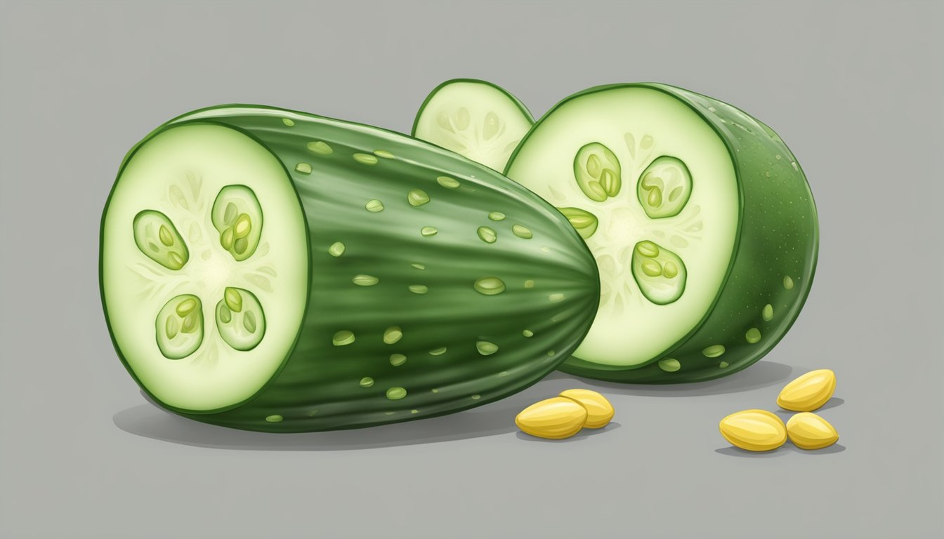 A cucumber cut in half, one side ripe and juicy, the other side unripe and pale, with seeds visible