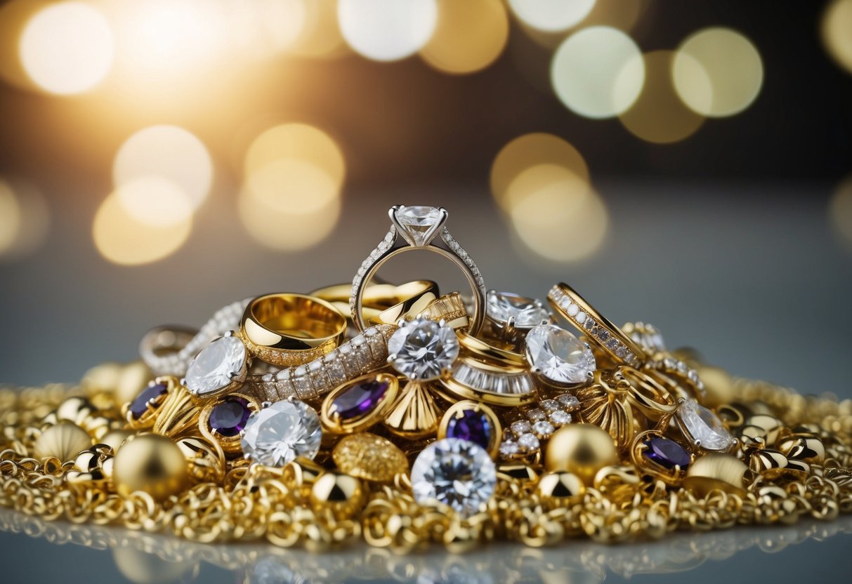 A wedding ring buried under a pile of extravagant jewels and gold, overshadowed by its excessive opulence