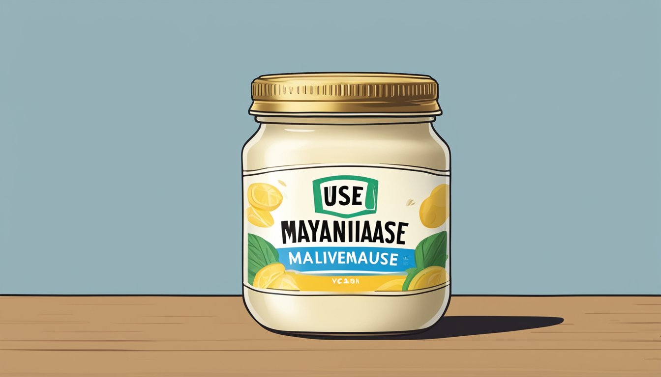 An open jar of expired vegan mayonnaise with a "use by" date clearly visible