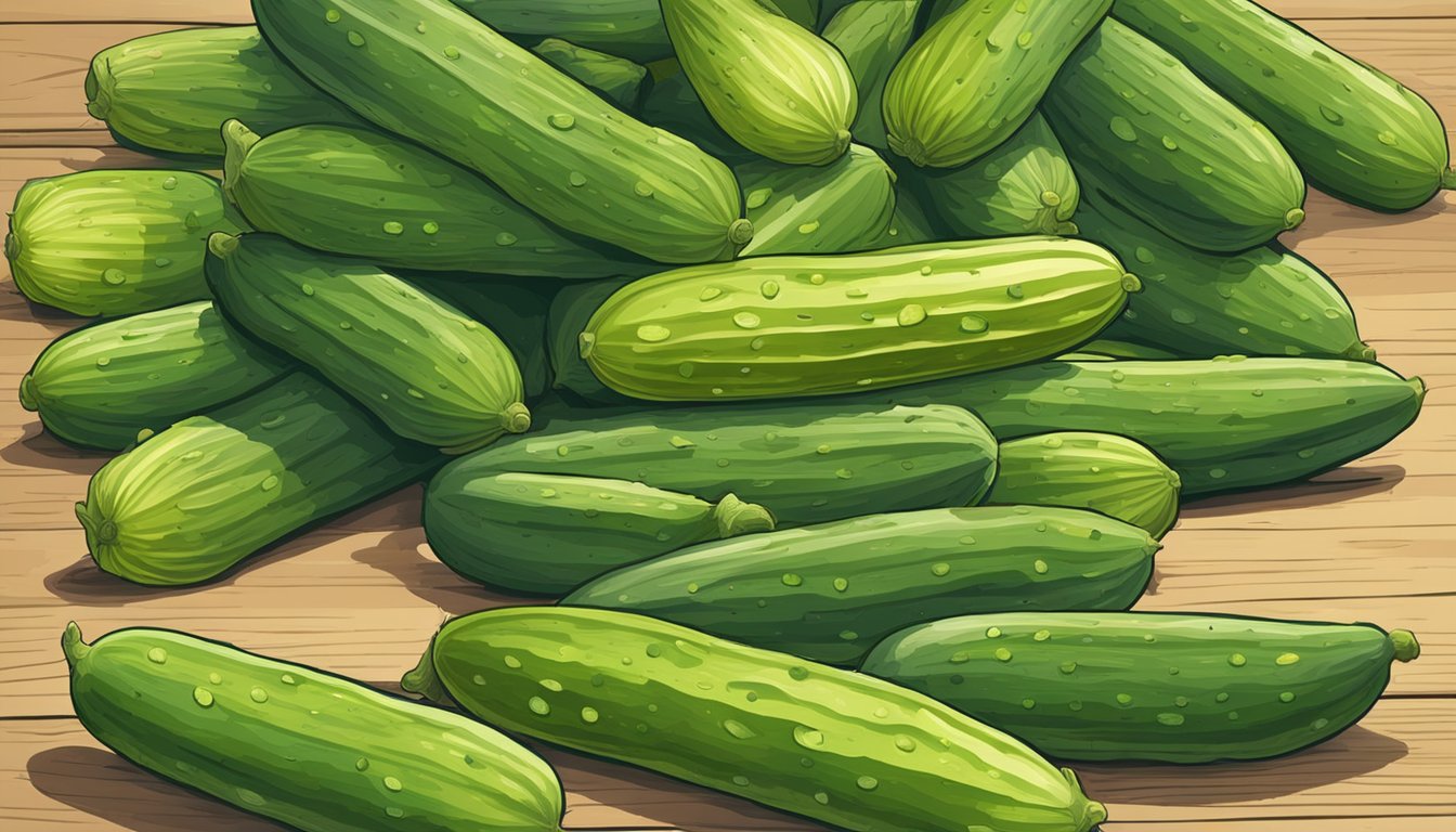 A pile of unripe cucumbers sits on a wooden table, some starting to turn yellow. A few cucumbers are beginning to show signs of spoilage, with soft spots and mold forming on the skin