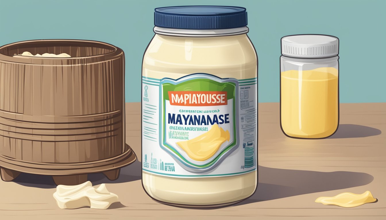 An open jar of expired vegan mayonnaise, with visible signs of spoilage, sitting next to a trash can